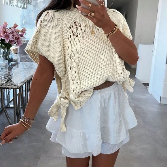 Sweaters - Apricot Casual Women's Side Tie Round Neck Cap Sleeve Sweater